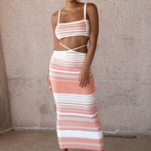 JLUXLABEL Coral and White Striped Skirt Set